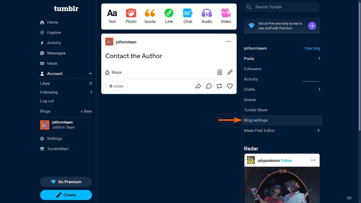 Blog settings button on the Tumblr Dashboard