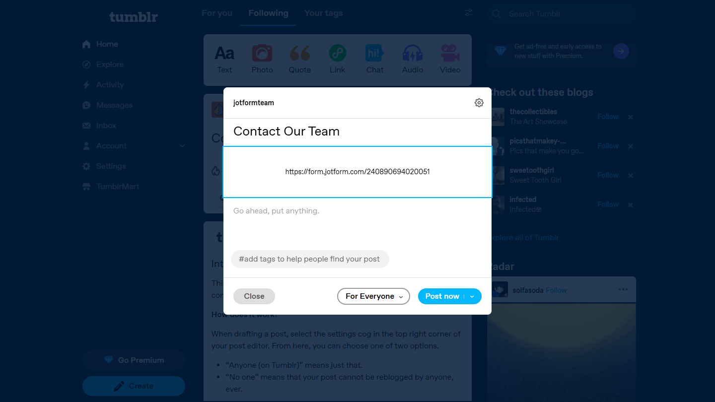 Form URL in the Post modal of the Tumblr Dashboard