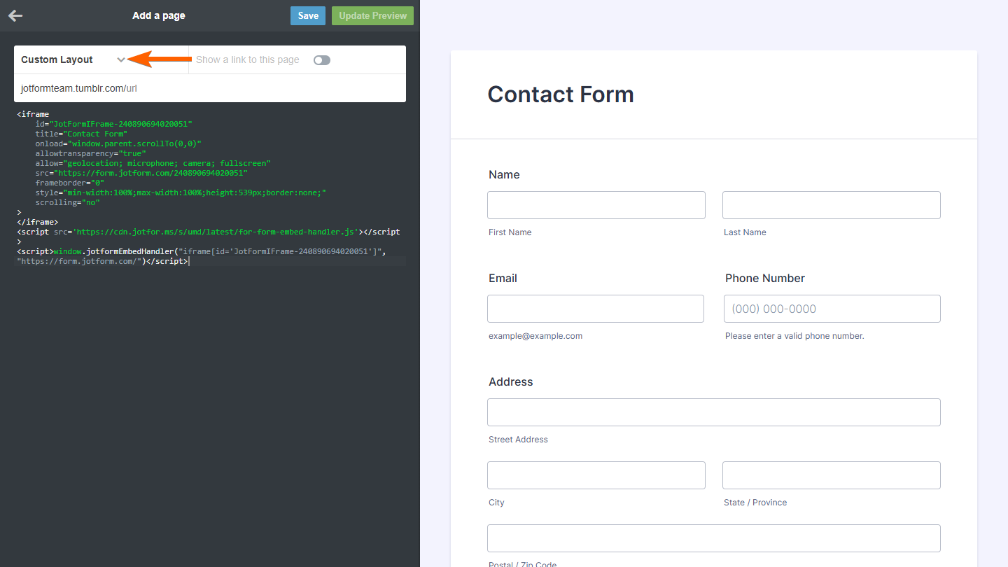 Form embed code in the Custom Layout of the Add a page section in Tumblr Theme Editor