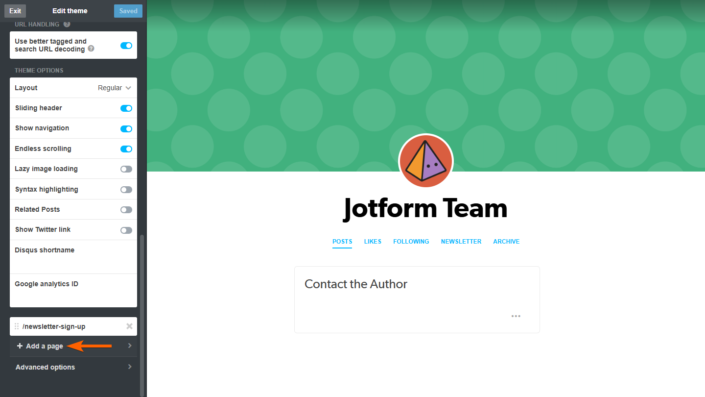 Add a page button on the Tumblr Theme Editor page