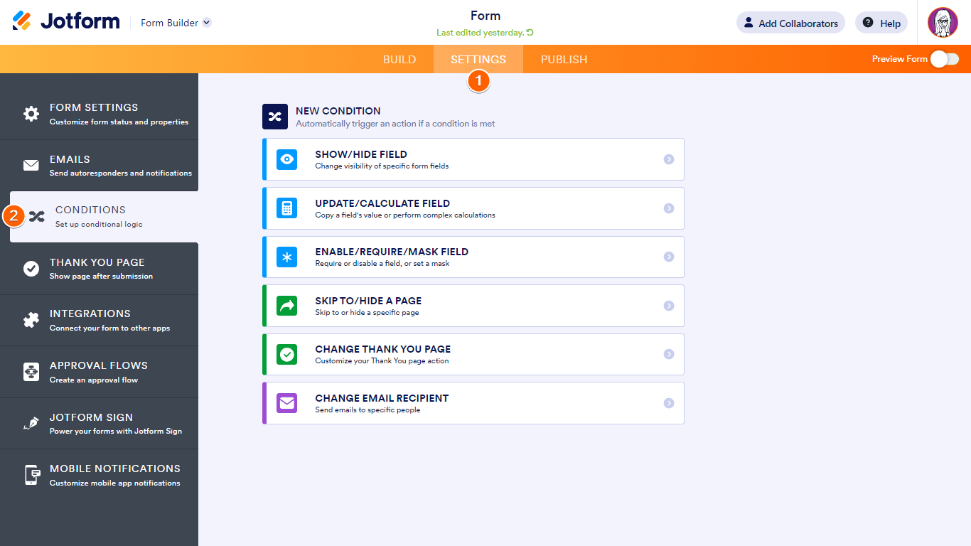 Steps to access conditions in Jotform Form Builder