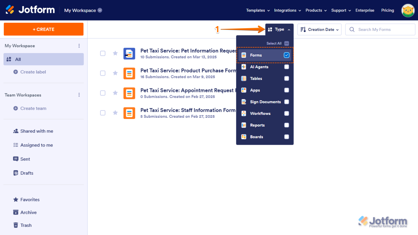 Forms option checked in the Type dropdown menu on the Jotform My Workspace page