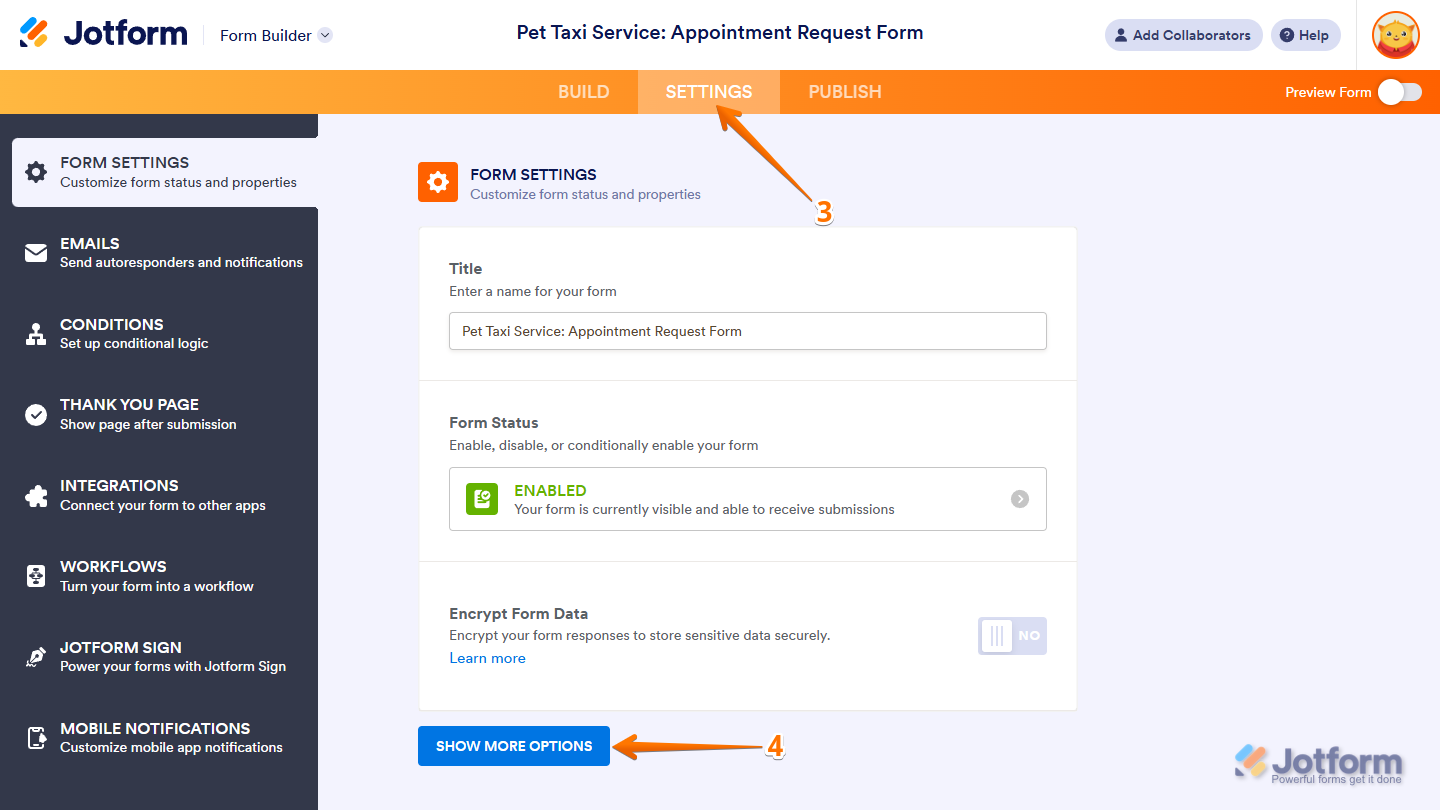 Show More Options in the Form Settings section of the Settings tab in Jotform Form Builder