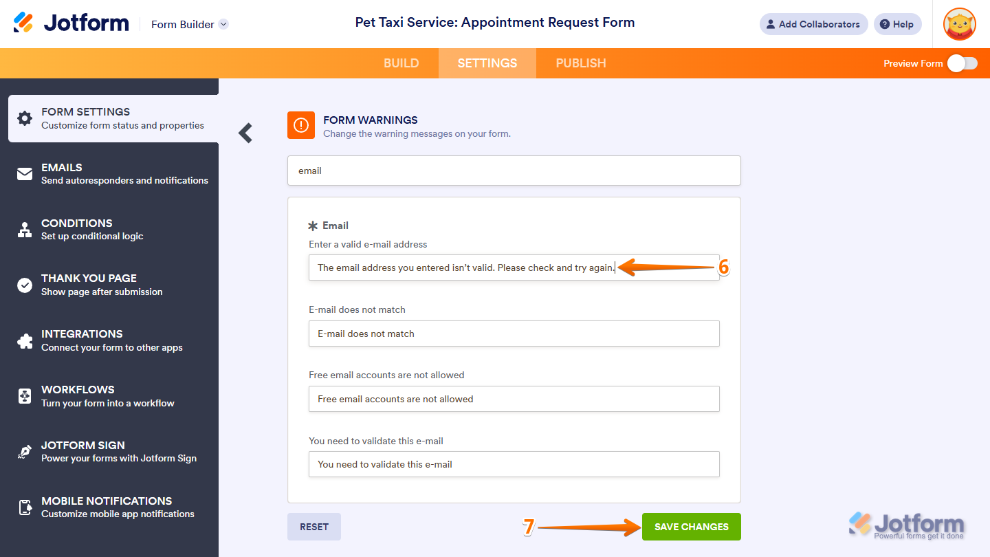 Save Changes button of the Form Warnings section in the Form Settings section of the Settings tab in Jotform Form Builder