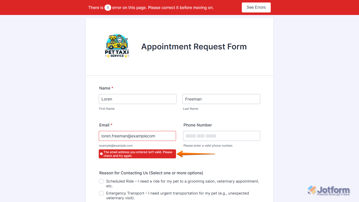 Sample updated form warning message of a Jotform form