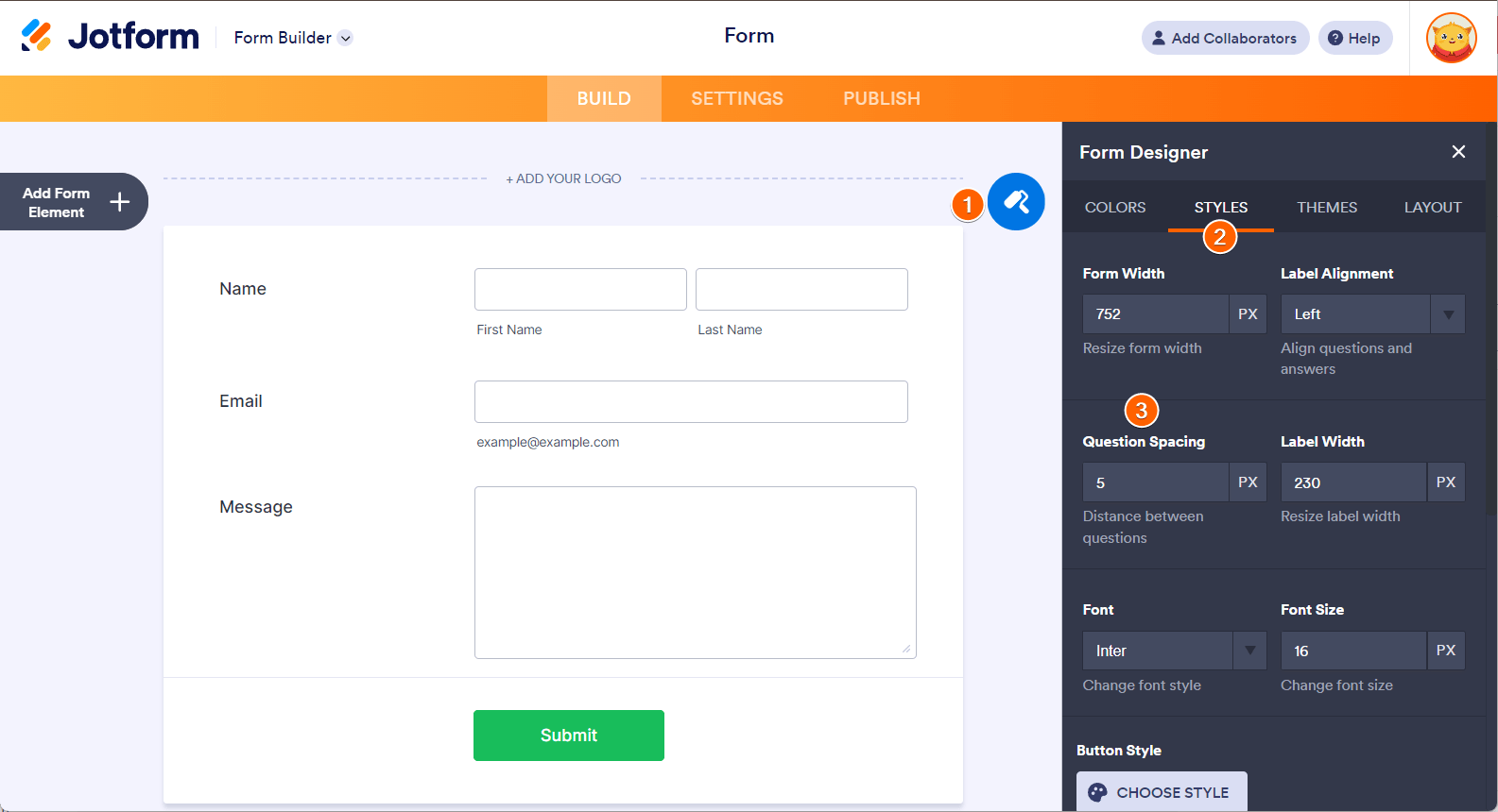 Question Spacing option in the Styles tab of the Form Designer in the Jotform Form Builder