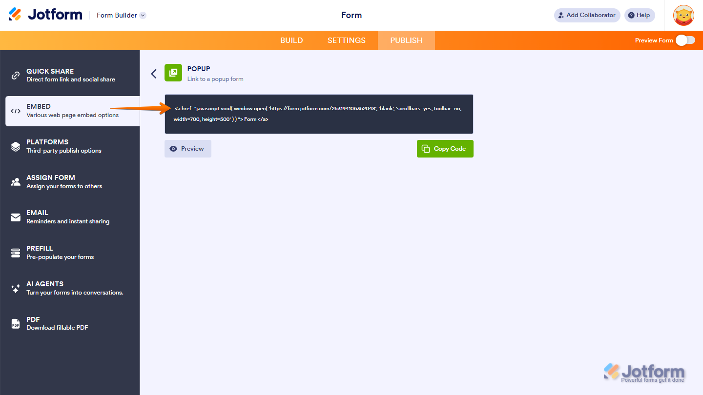 Pop-up embed option
