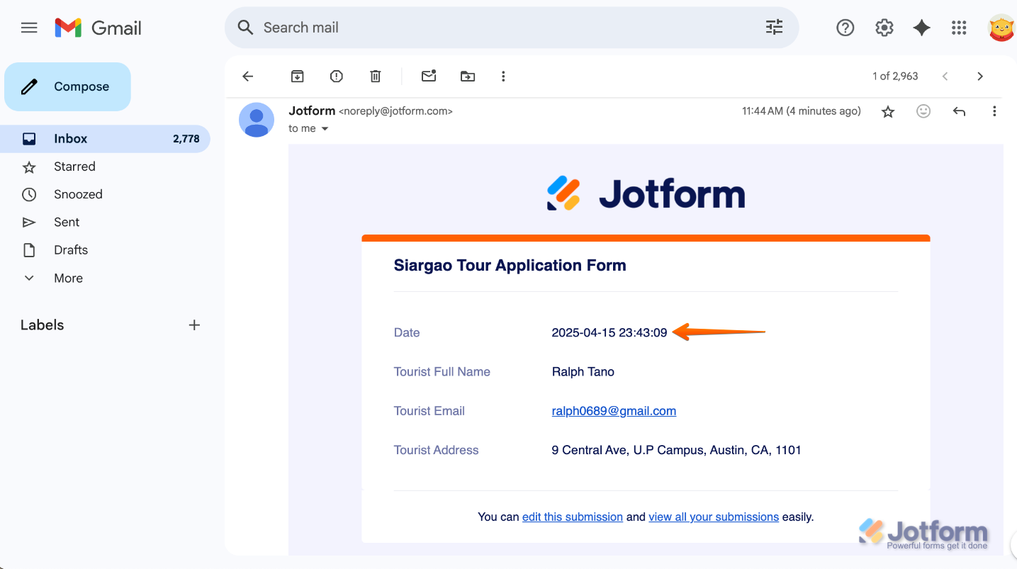 Notification Email preview showing the result after inserting the {DATE} tag, with the current date displayed correctly within the email content