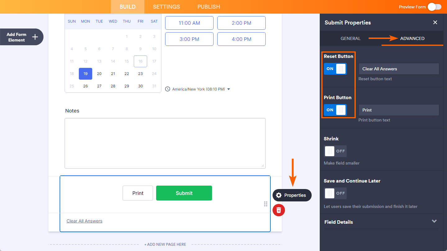 Reset Button and Print Button properties in Advanced properties of the Submit Button in Jotform Form Builder
