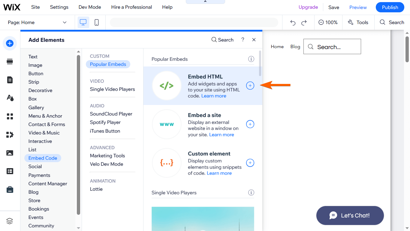The Embed HTML widget in Wix