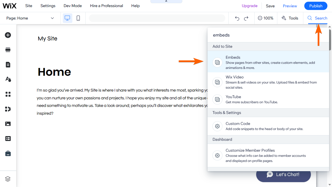 Arrow guides to search embed widgets in Wix