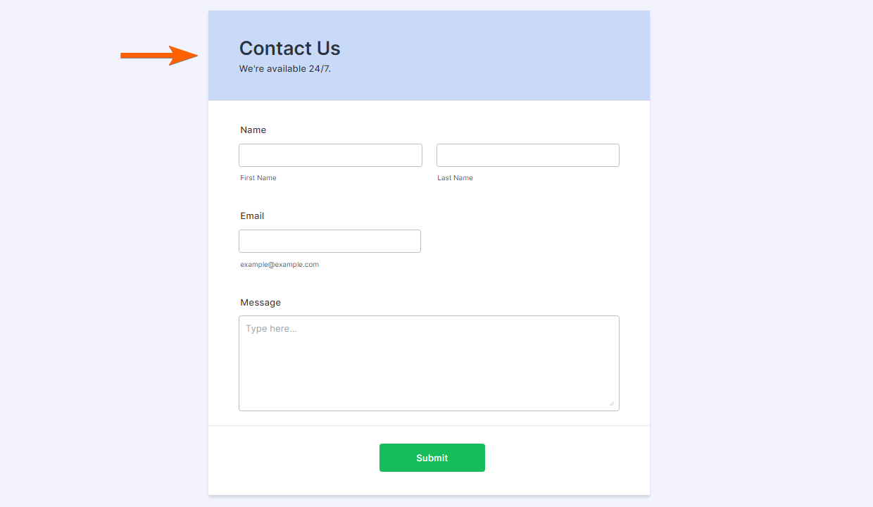 A contact form with an arrow pointing to its "Contact Us" heading section with a bluish background