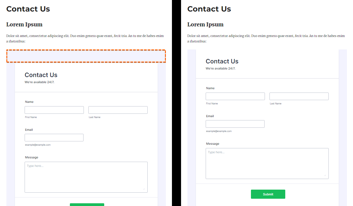 A side-by-side comparison of an embedded contact form before and after removing the space at the top