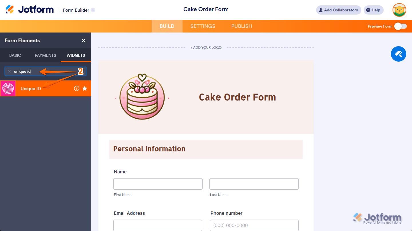 Unique ID in the Widgets tab of the Form Elements menu in Jotform Form Builder