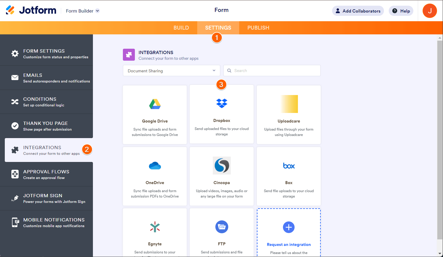 Dropbox integration option in Jotform's Form Builder