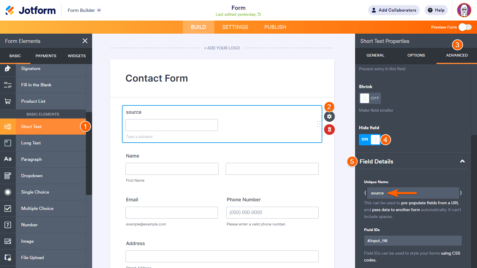 Pasos para ocultar el campo y obtener el nombre único en Jotform