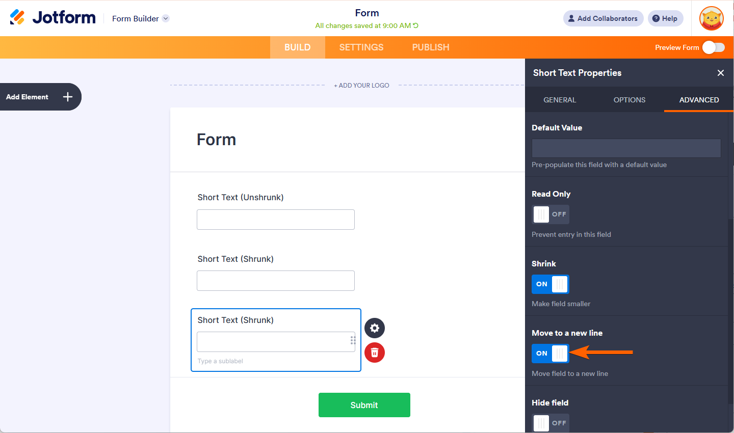 Opción Mover a una Nueva Línea en las propiedades del campo en Jotform