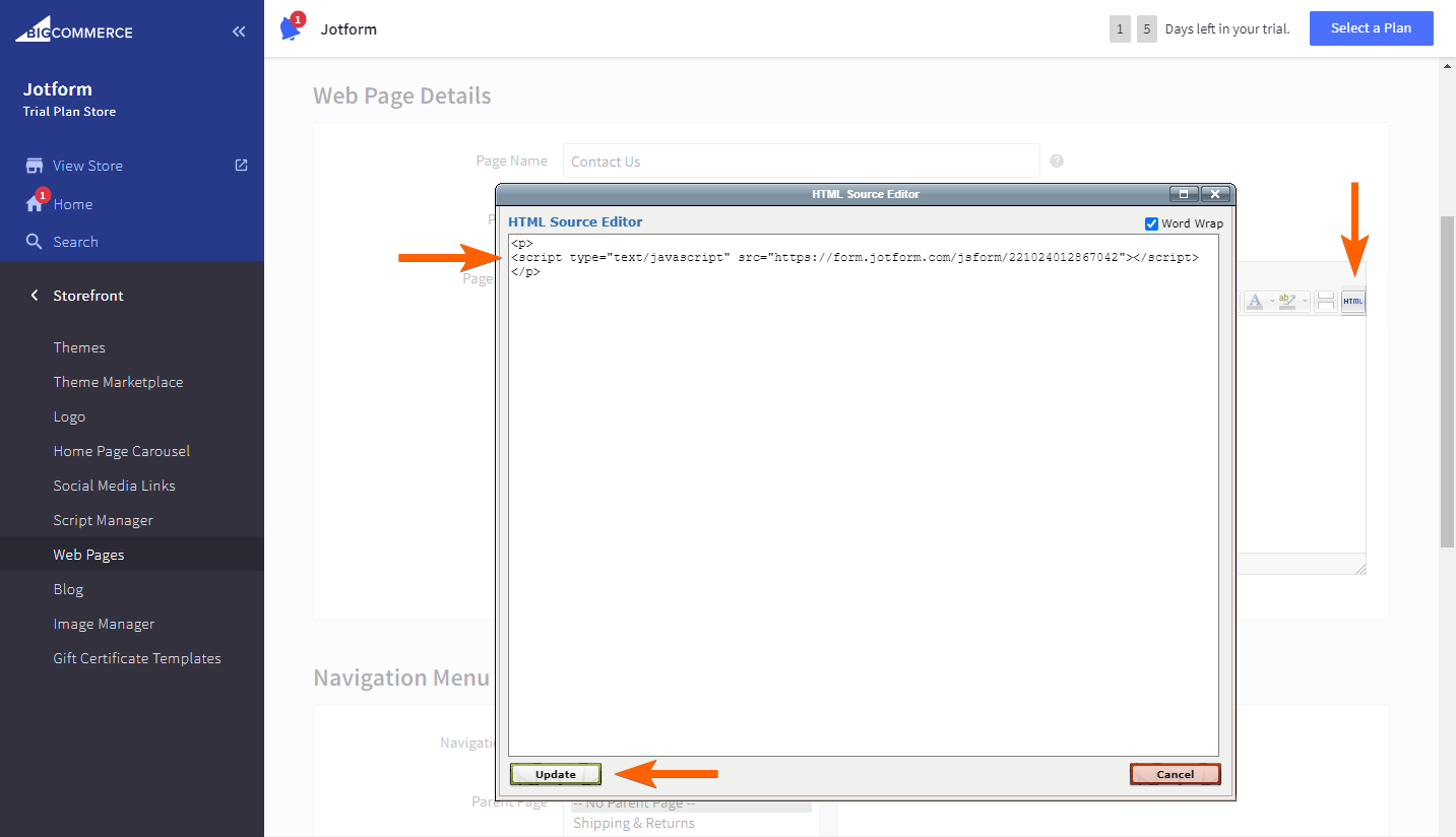 An HTML Source editor in BigCommerce