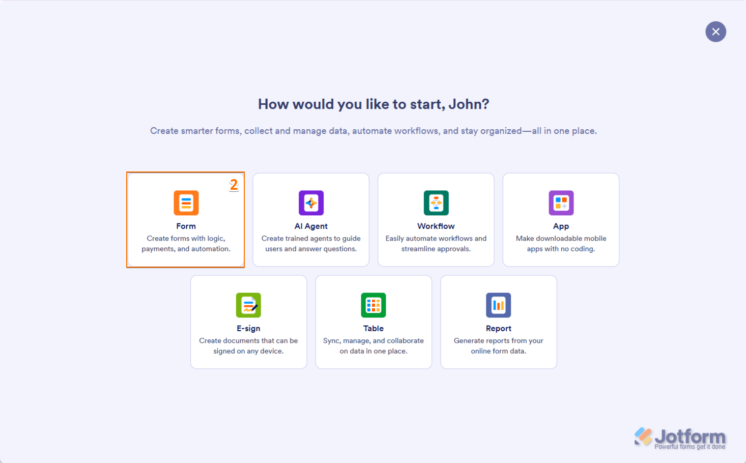 Opciones de Crear Formulario en el Área de Trabajo de Jotform
