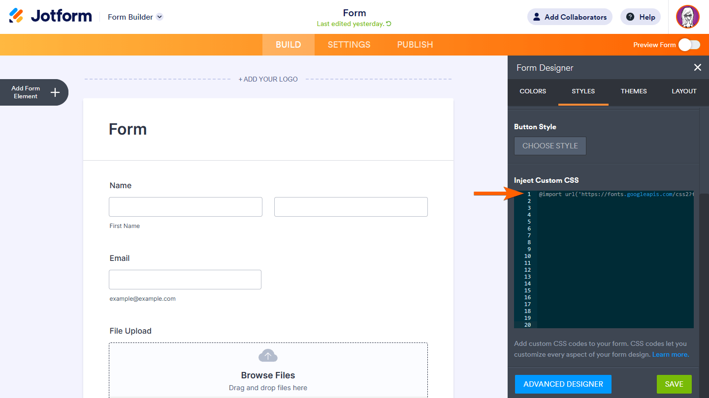 The Google Font import CSS rule in Form Builder's Form Designer
