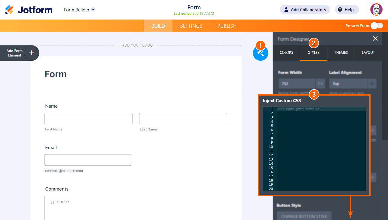 Steps to inject custom CSS in Jotform Form Builder