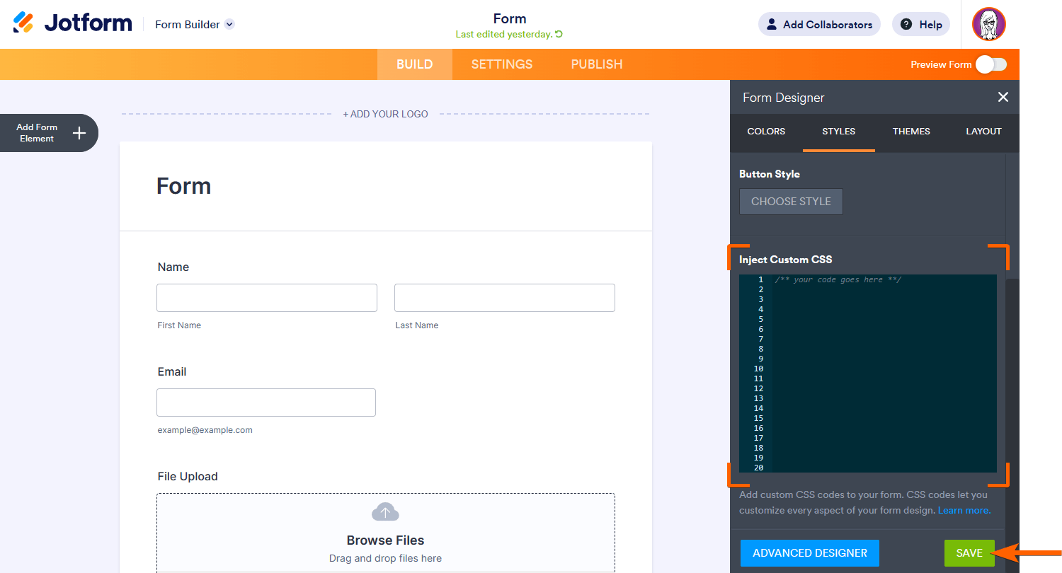 A screenshot of the Form Designer pane in Form Builder highlighting the Inject Custom CSS textarea and Save button