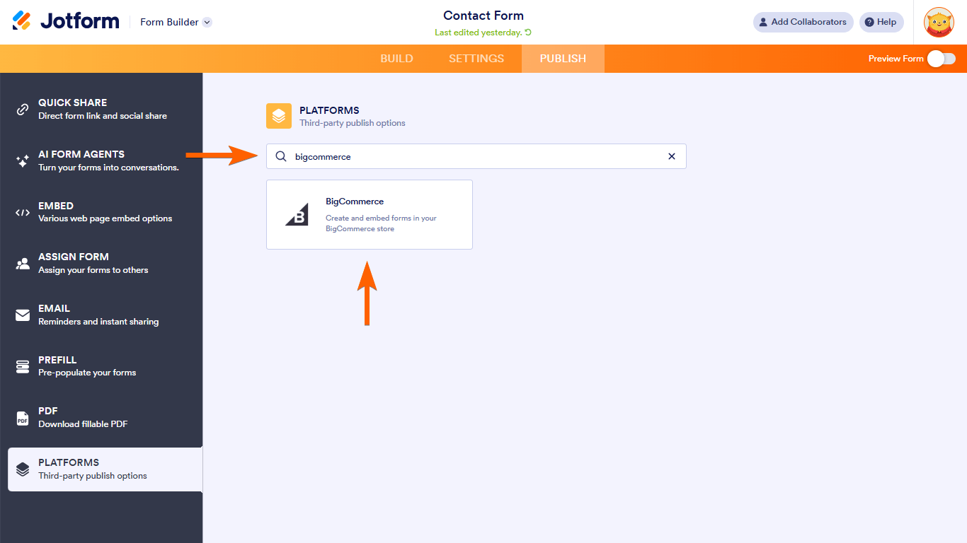 A BigCommerce option in Jotform Form Builder Platforms