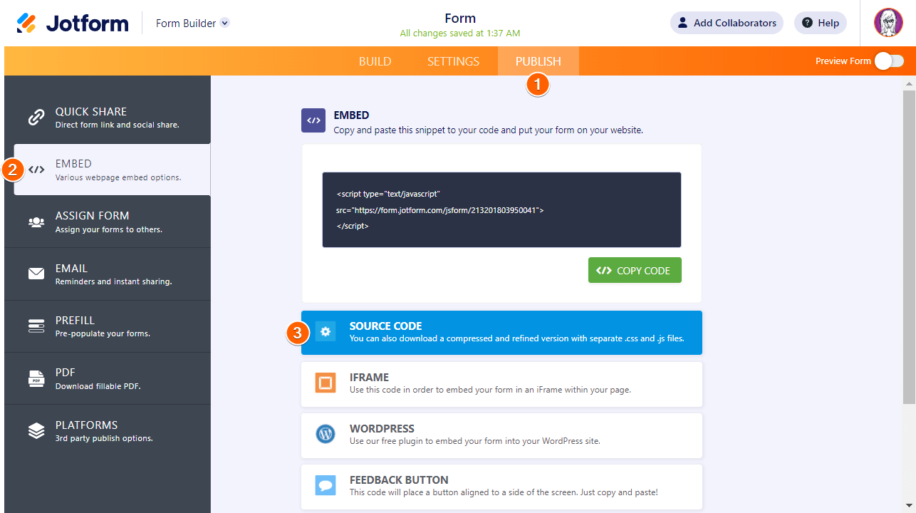 Steps to access the form's source code in Form Builder