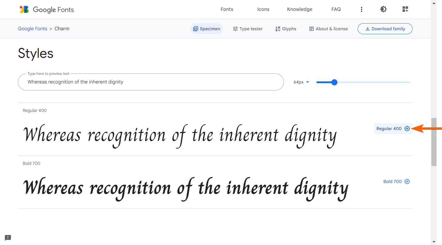 An arrow pointing to the "regular" font style in Google Fonts