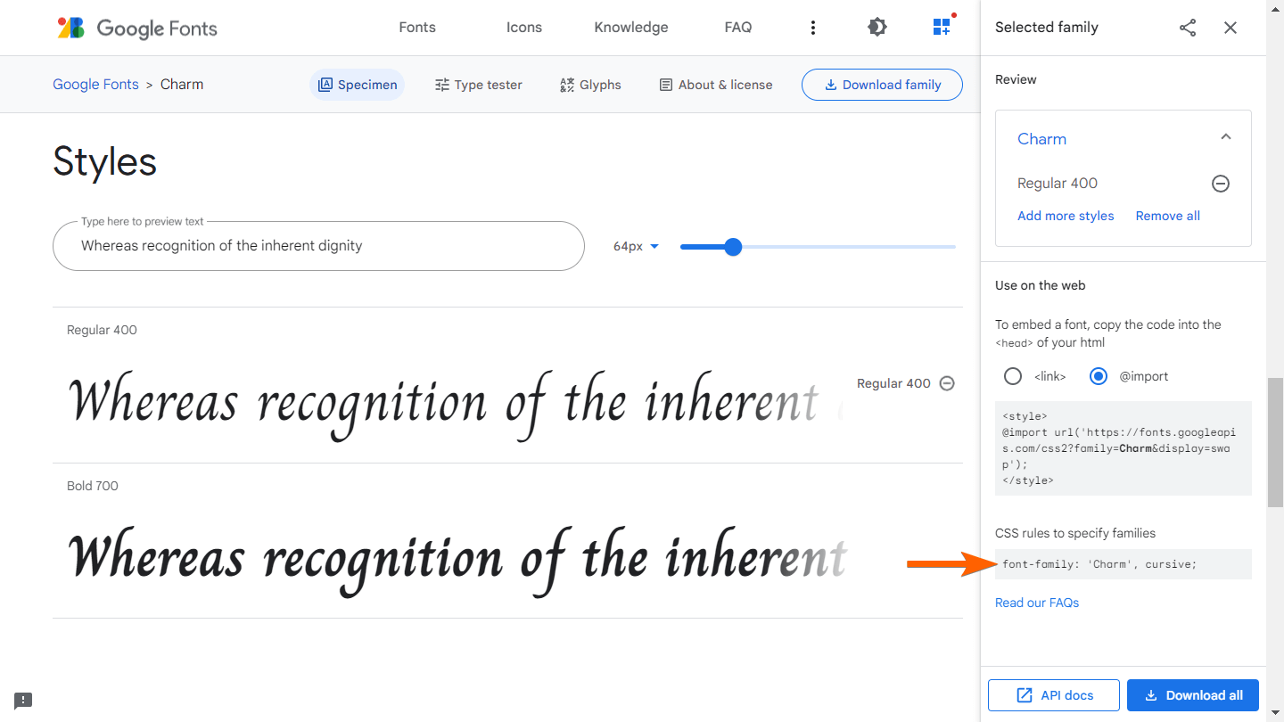 An arrow pointing to the font-family CSS rule in Google Fonts