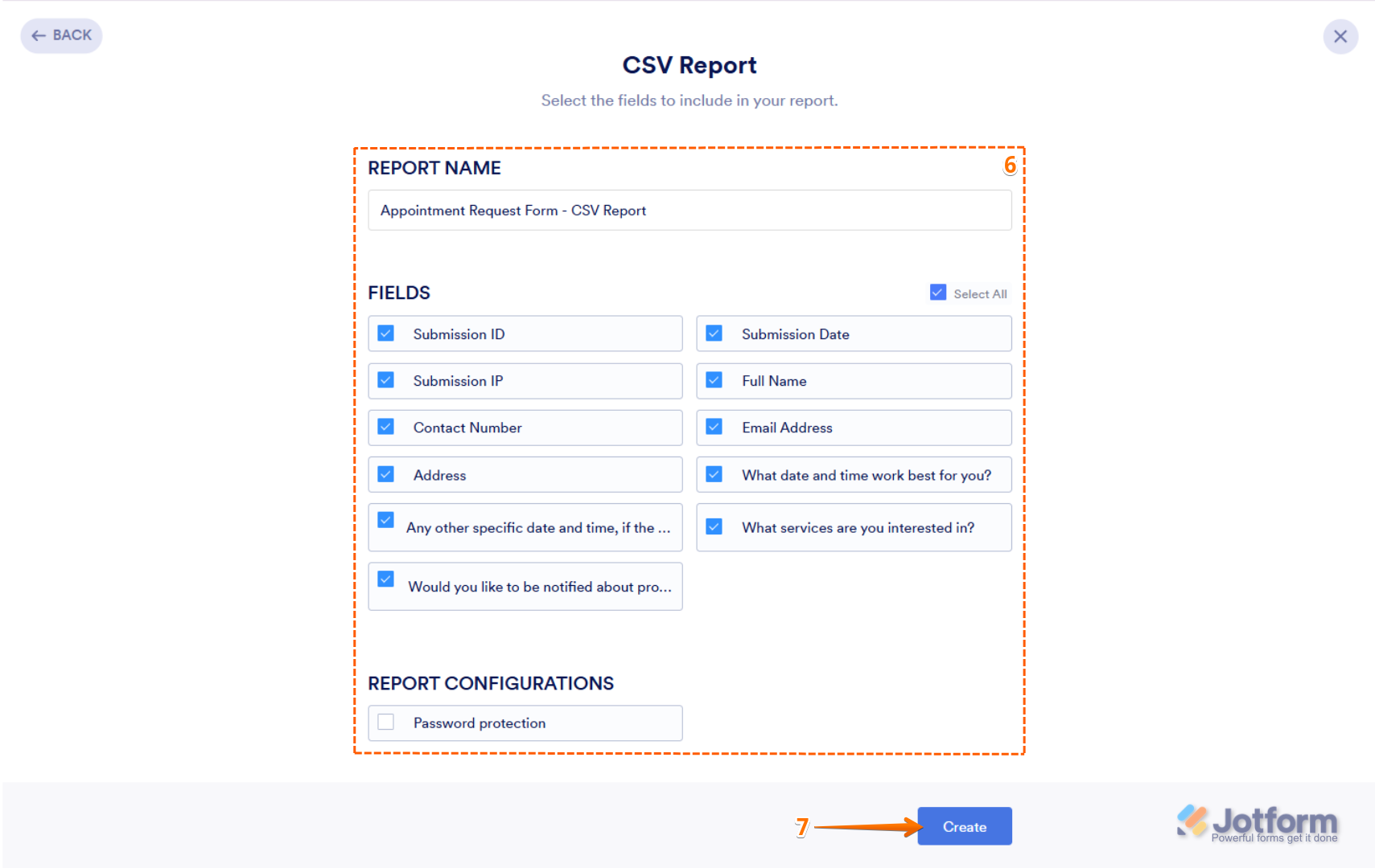 The Create Report page displays options to configure the CSV Report