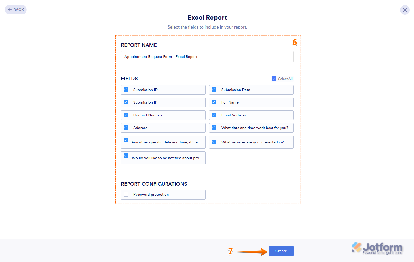 The Create Report page displays options to configure the Excel Report