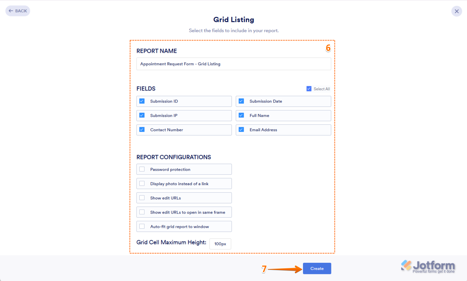 The Create Report page displays options to configure the Grid Listing Report