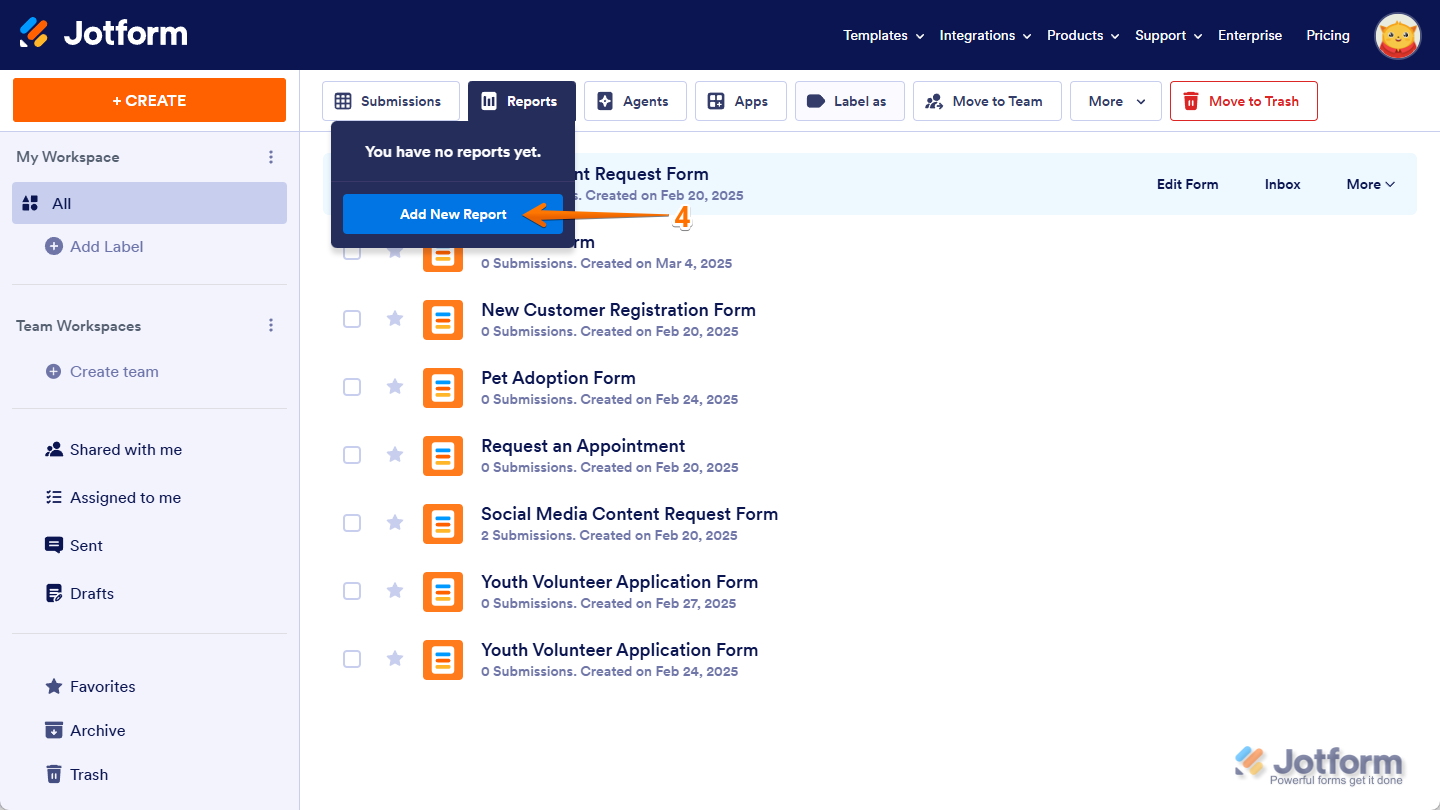Displays the 'Reports' menu open, with the 'Add New Report' option visible, allowing the user to create a new report in Jotform