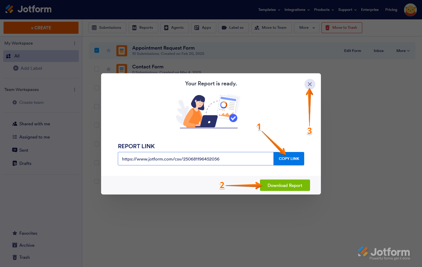 A prompt appears confirming that the CSV Report is ready