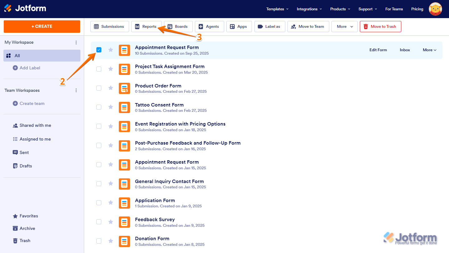 Selected Form and Report menu at the top in My Workspace Jotform