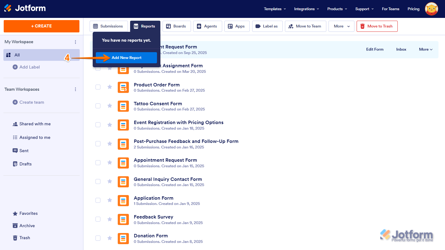 Displays the 'Reports' menu open, with the 'Add New Report' option visible in My Workspace Jotform