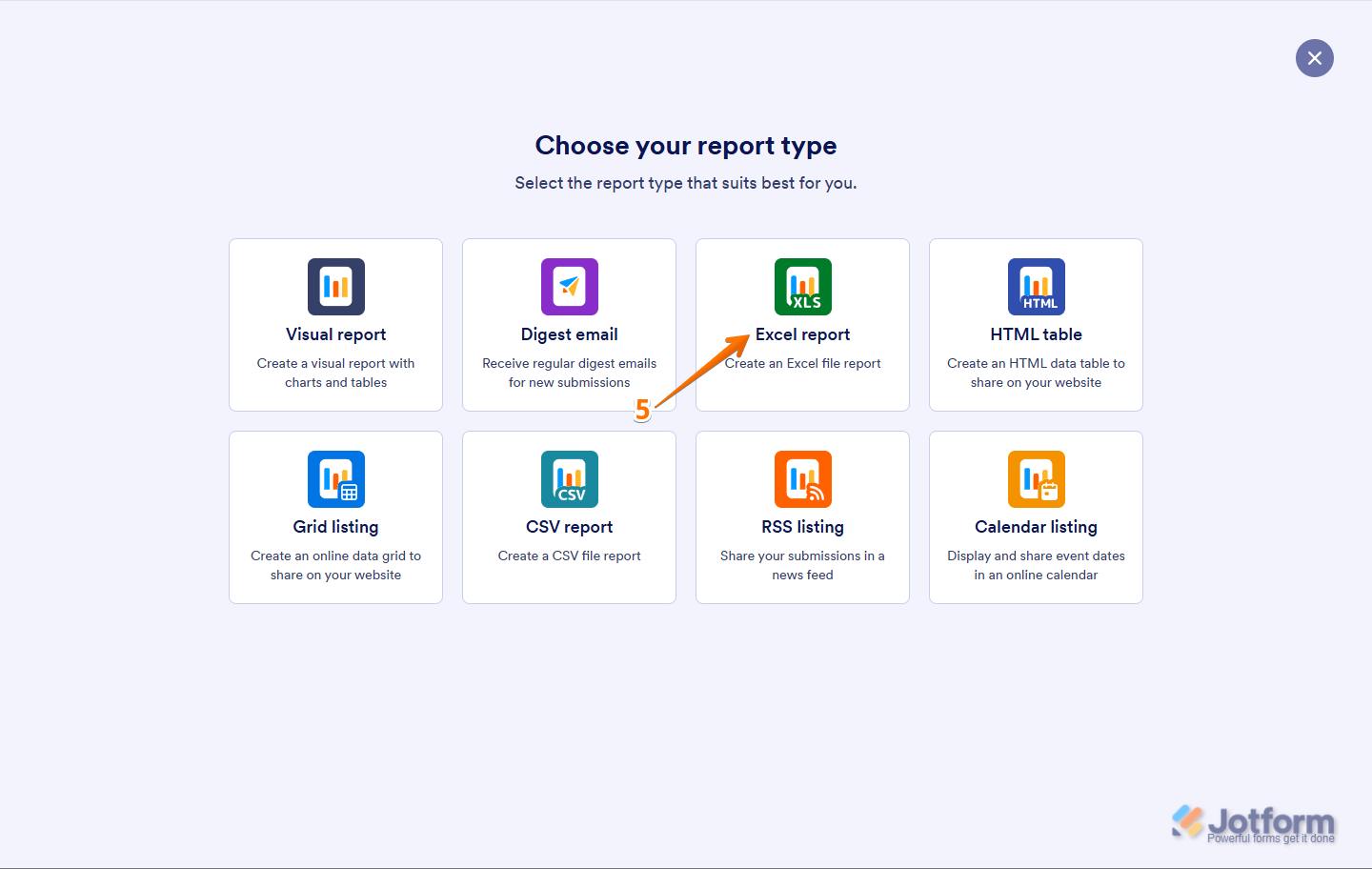 Select Excel Report in Create a Report page in Jotform