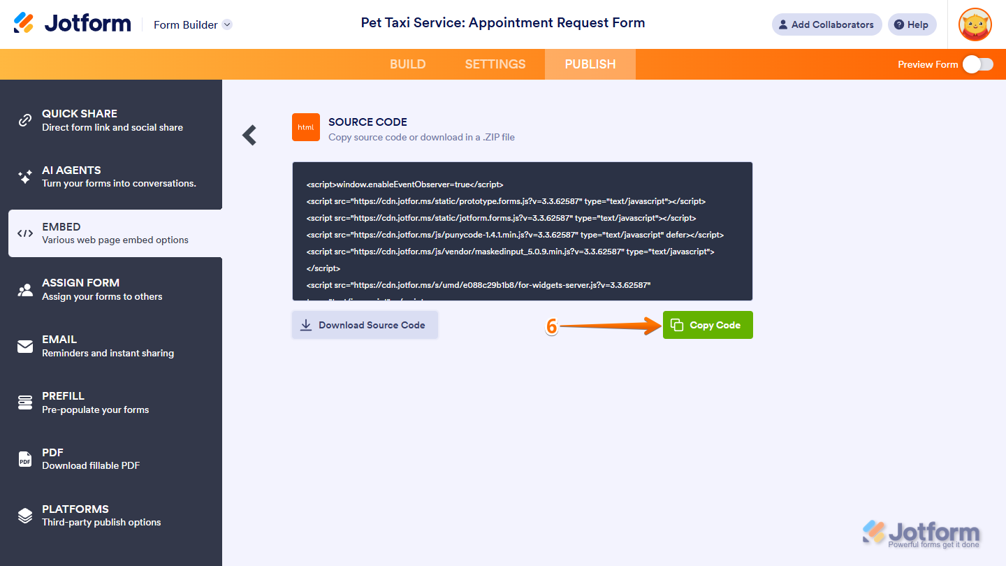 Copy Code button of the Source Code section in the Embed menu of the Publish tab in the Jotform Form Builder