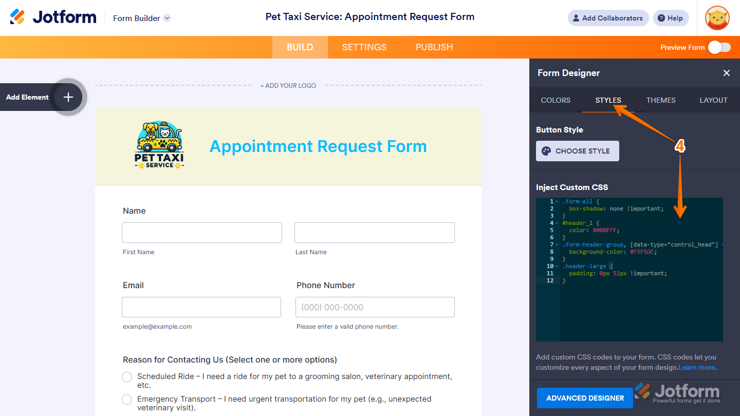 Inject custom CSS codes section in the Styles tab of the Form Designer window in the Jotform Form Builder