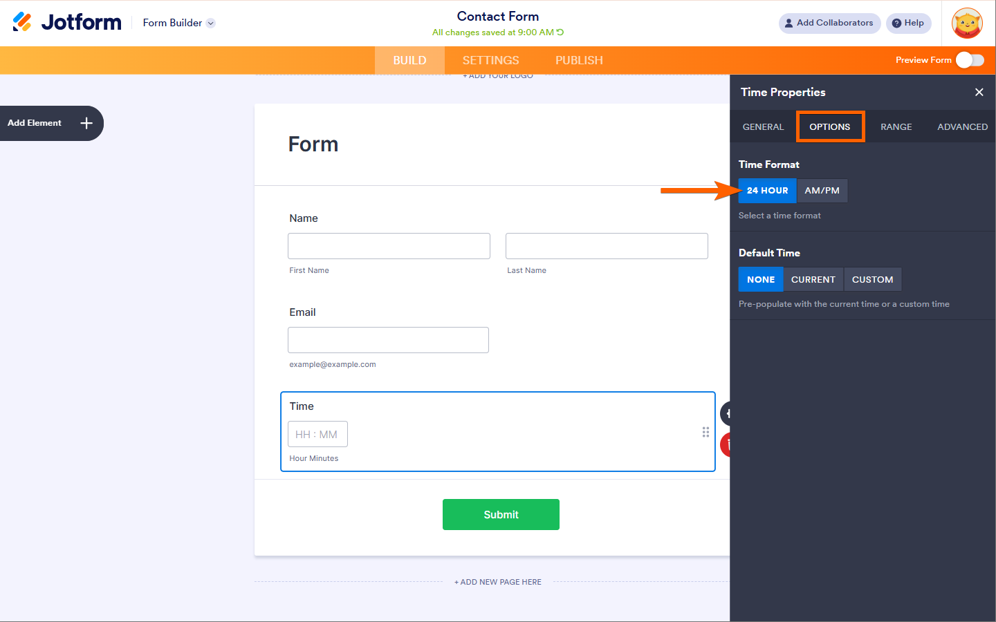 Pestaña de Opciones Formato de Tiempo en Jotform
