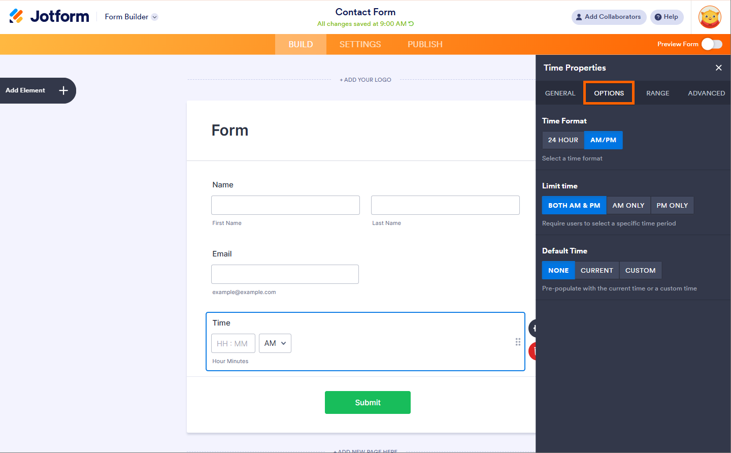 Options Tab Time Properties Jotform