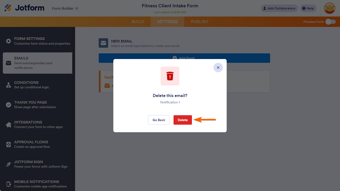 Delete button in Delete Email pop up of Form Builder Email Settings