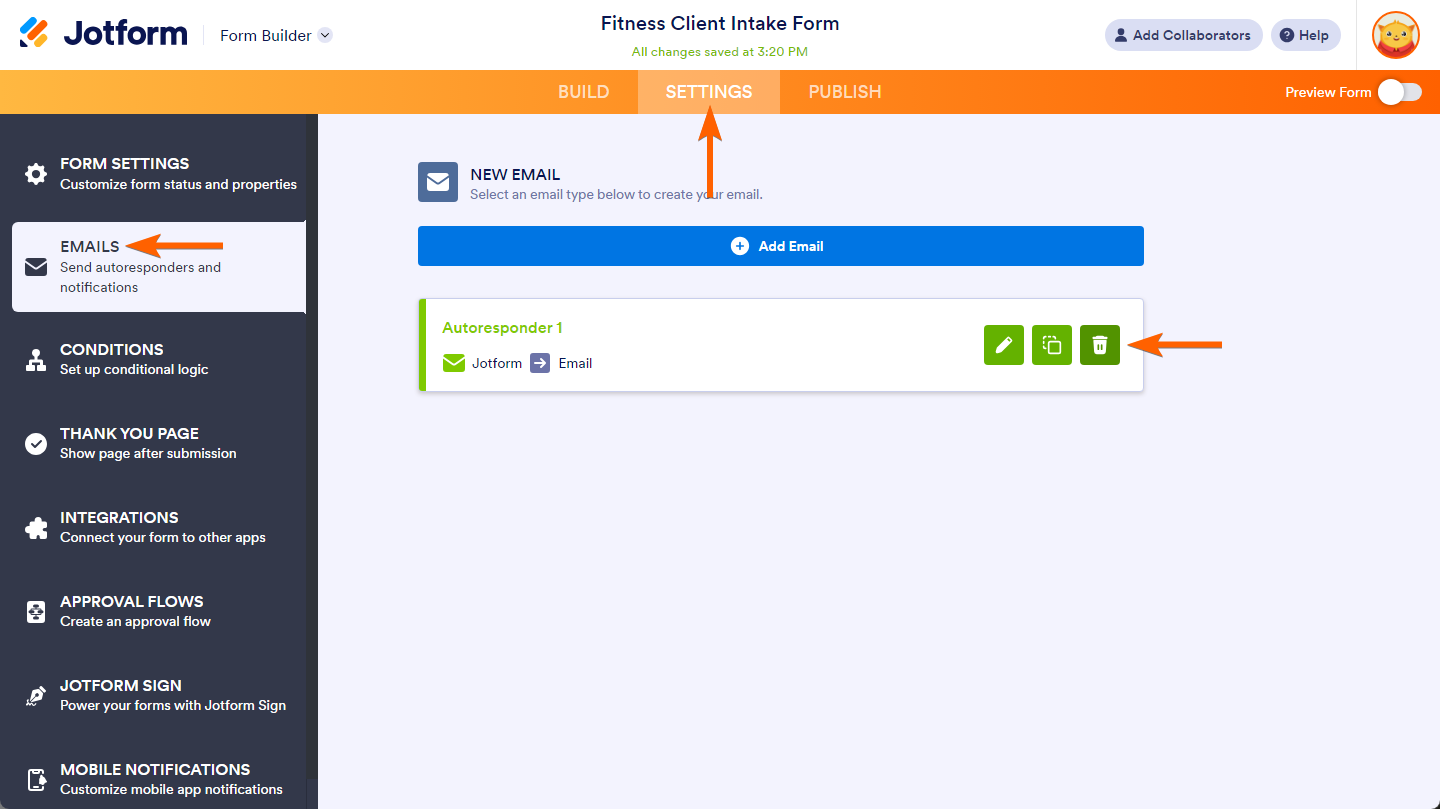 Delete button on Email Autoresponder in Form Builder Email Settings