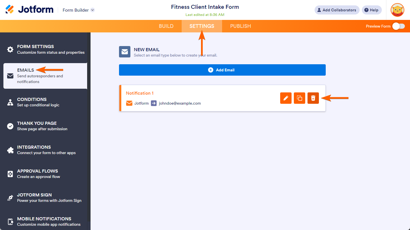 Delete button on Email Notification in Form Builder Email Settings