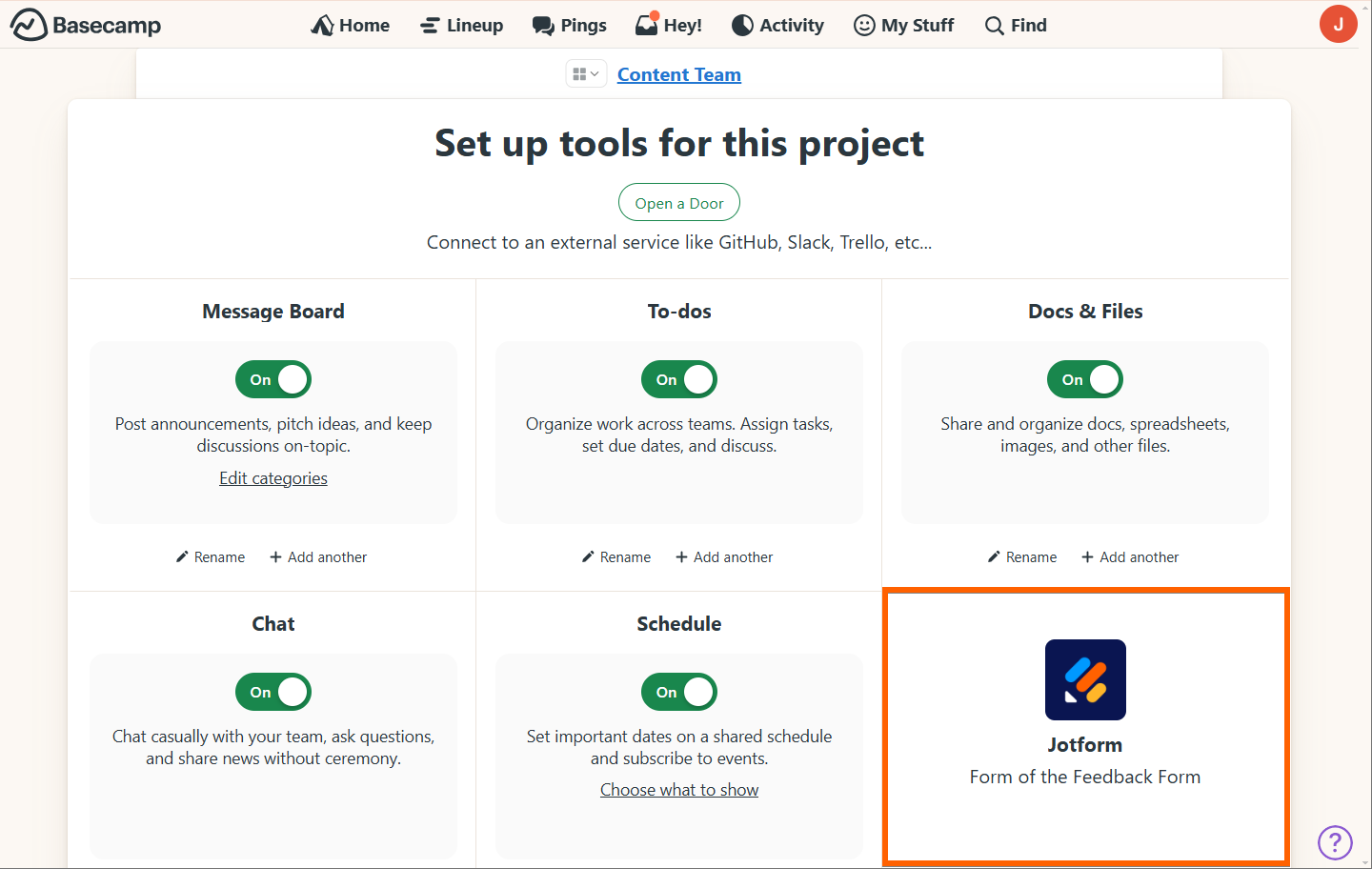 Capture d'écran de la page Basecamp avec le formulaire Jotform qui a été ajouté dans Basecamp