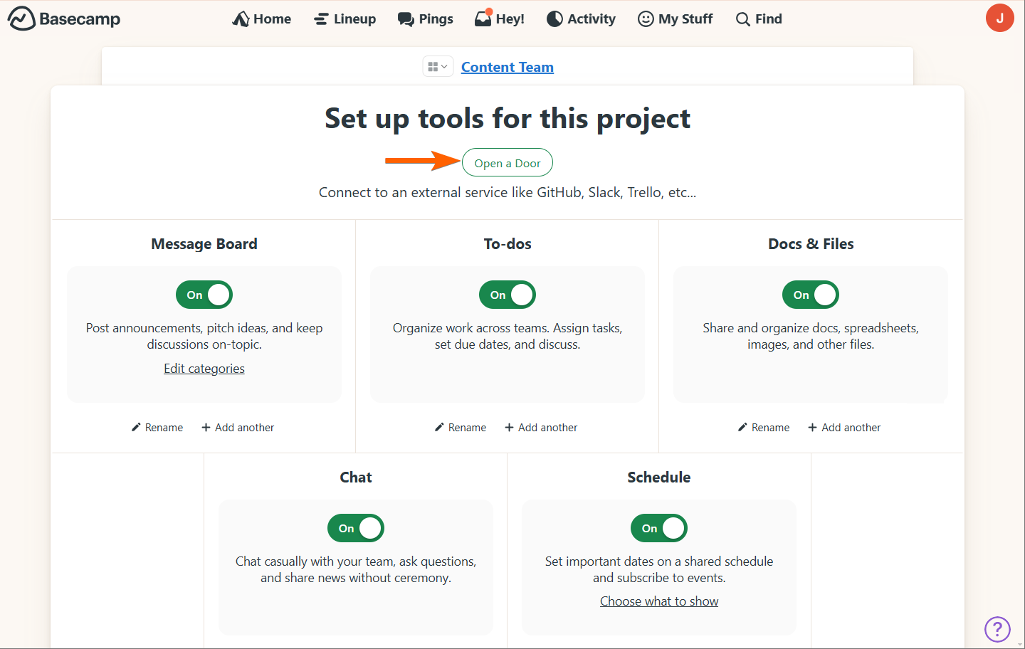 Capture d'écran de la page Set up tools for this project avec une flèche pointant vers Open a Door - Ouvrir une Porte pour accéder à des options supplémentaires