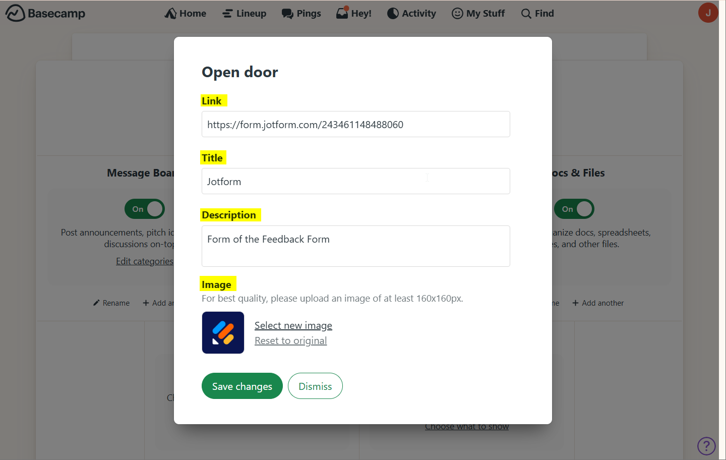 Capture d'écran de la fenêtre modale Open door - Ouvrir une Porte  avec les options suivantes surlignées en jaune : Link - Lien, Tiitle - Titre, Description et Image