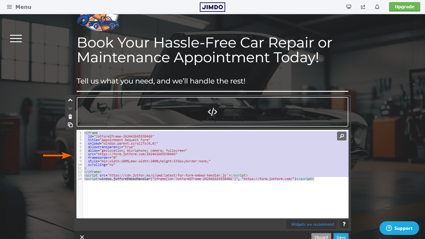 Jotform Embed Codes in Widget/HTML element in the Jimdo Creator
