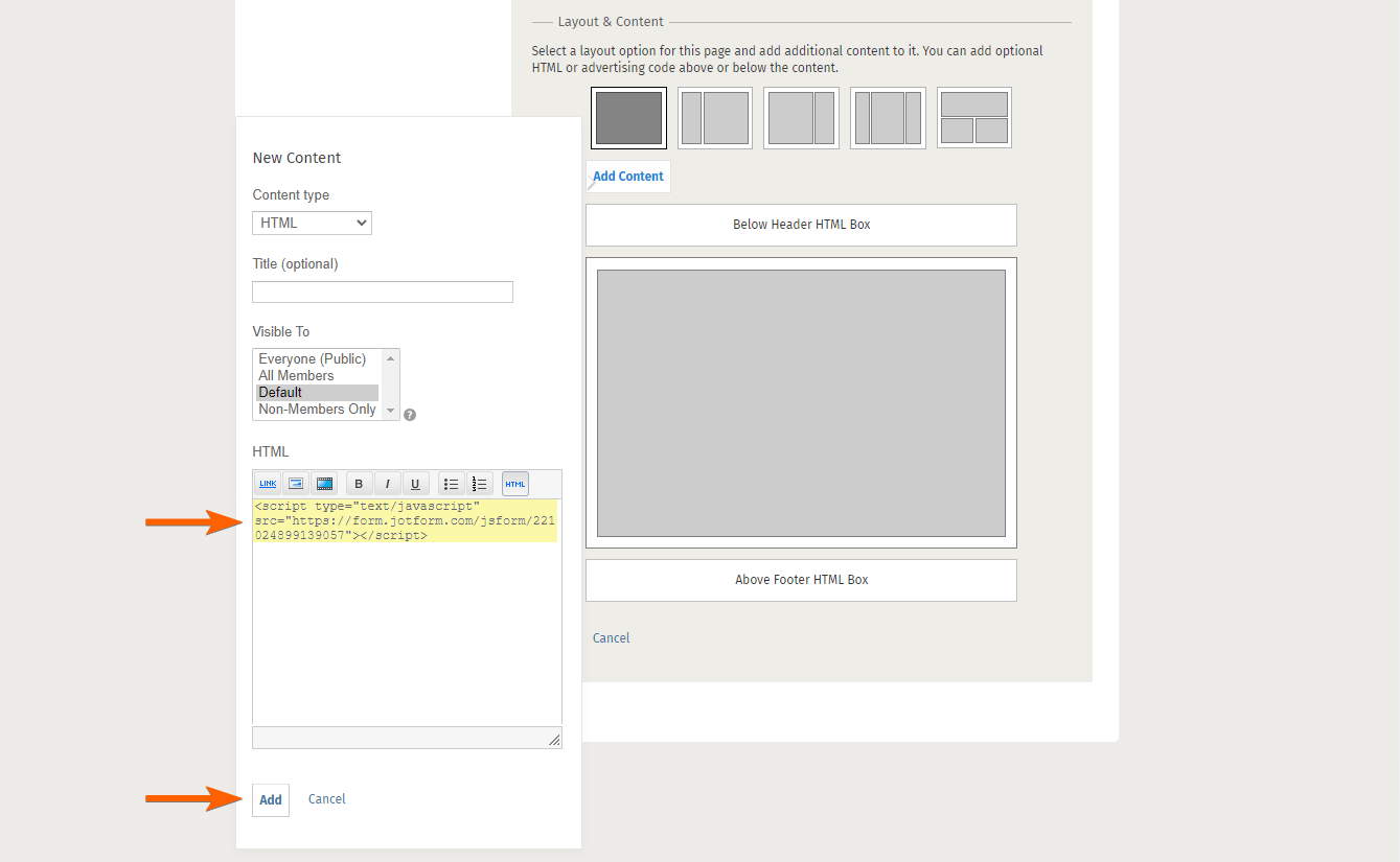 Form embed code in New Content HTML editor of the Ning Social Site Manager